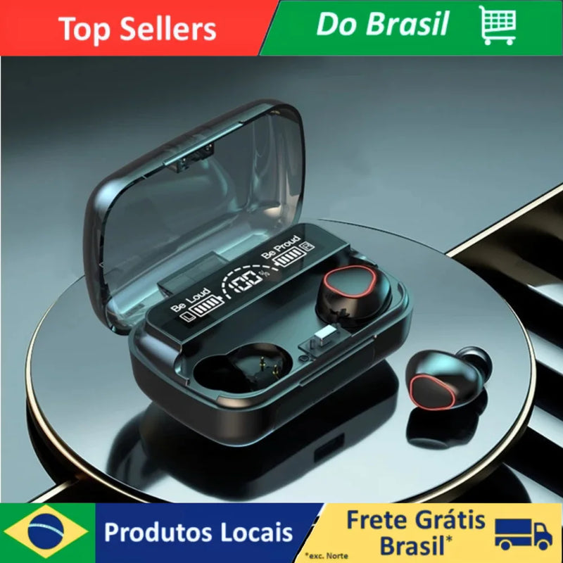 Fone de ouvido Bluetooth 5.1 com caixa de LED digital, à prova d'água, potente, bateria de longa duração, controle por toque