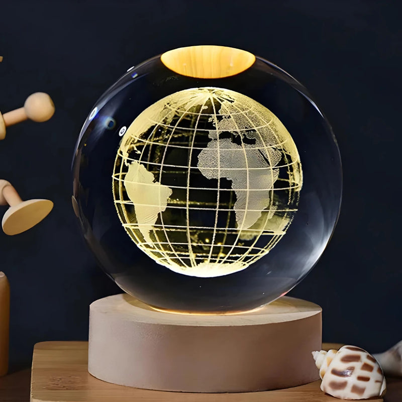 Luminária Cristal De Mesa Bola de Cristal Planeta Terra, Lua, Galáxia e Sistema Solar LED Base De Madeira Decoração